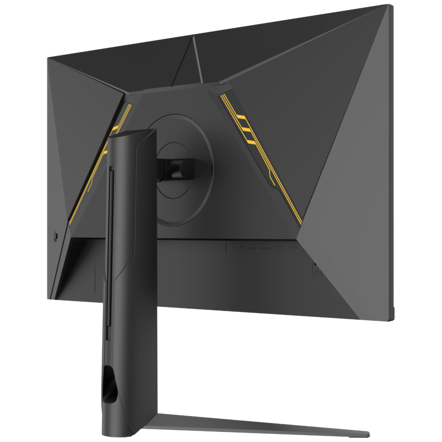 Back view of a black monitor with yellow accents and a stand.