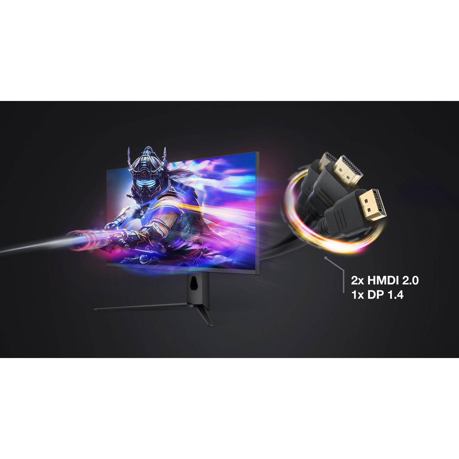 Gaming monitor showing a knight and cables. 2x HDMI 2.0, 1x DP 1.4.