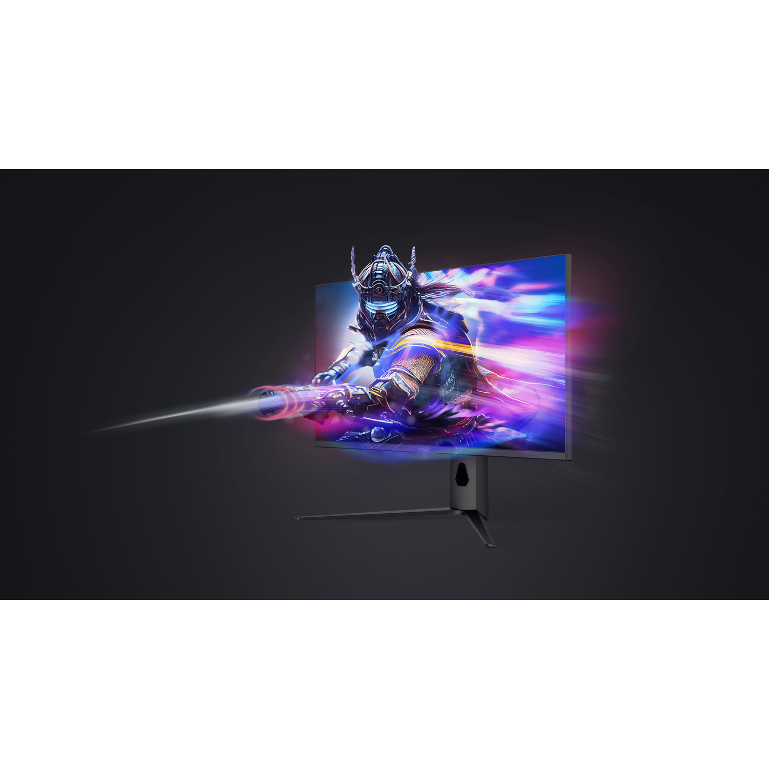 A futuristic warrior with a glowing sword on a monitor screen.