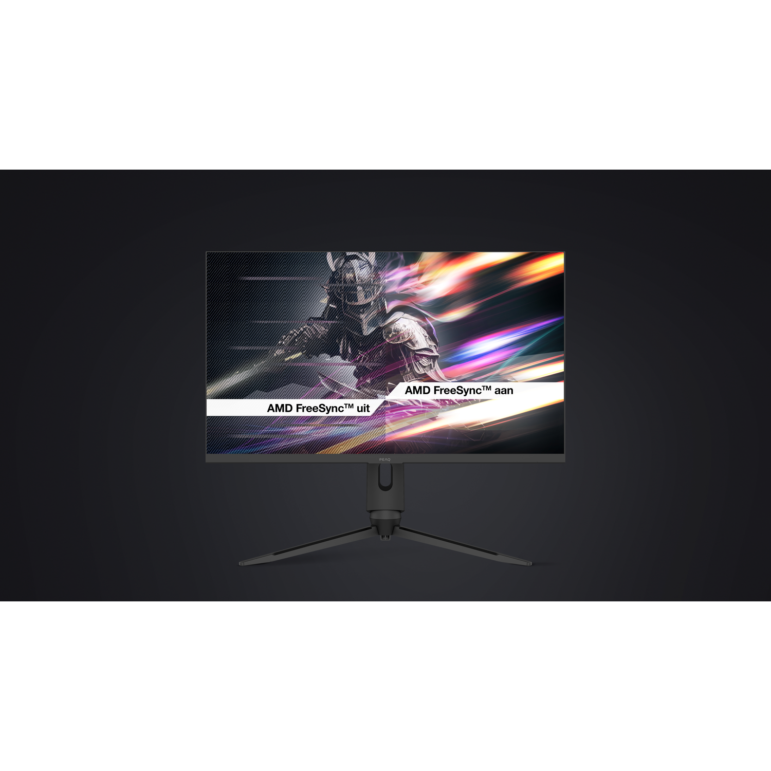 A monitor displays a knight in armor with a colorful abstract background.