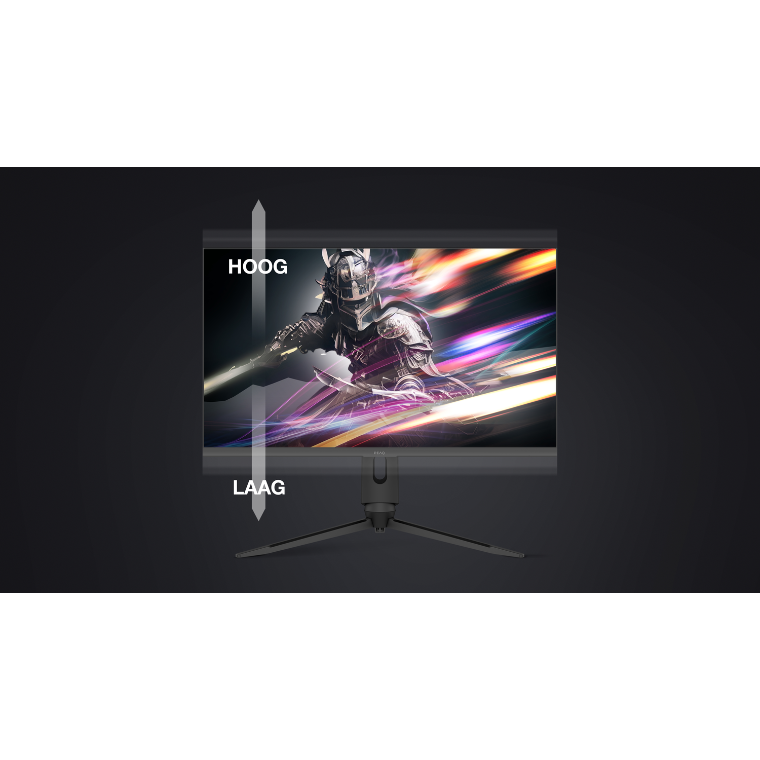 A monitor displays a knight with a sword, with labels "HOOG" and "LAAG".