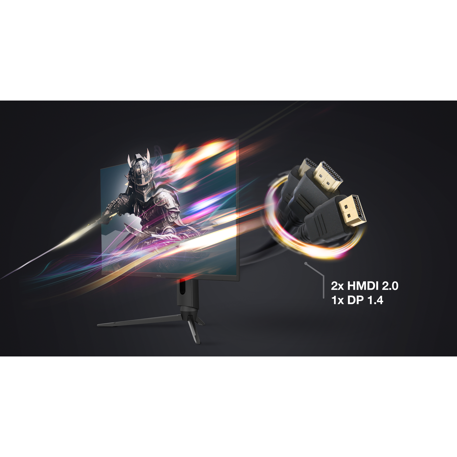 A gaming monitor displays a knight with swords; next to it are cables with HDMI 2.0 and DP 1.4 ports.
