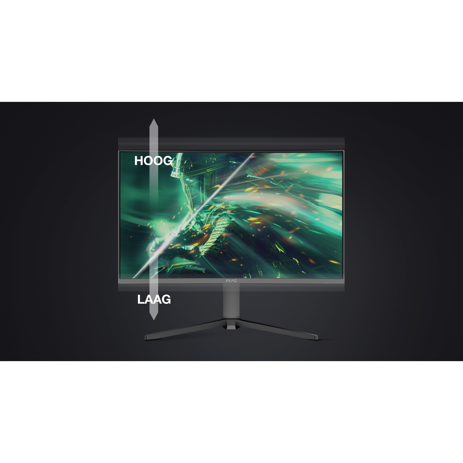 A curved monitor displaying green game graphics with arrows indicating "HOOG" and "LAAG".