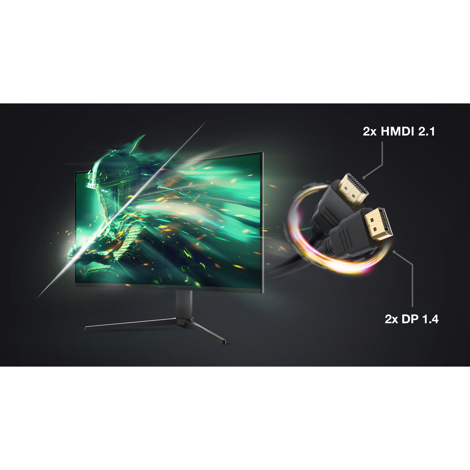 A gaming monitor displaying a green scene with HDMI and DP cables.