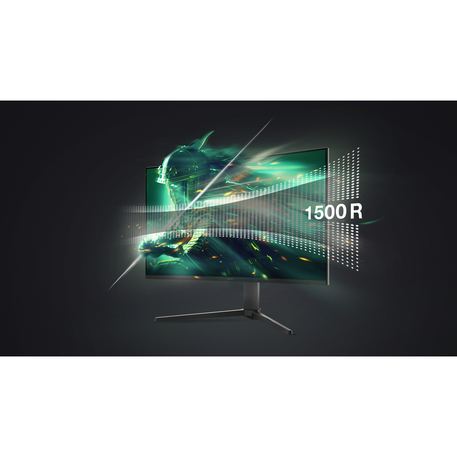 A curved gaming monitor displays a green dragon image with 1500R curve.