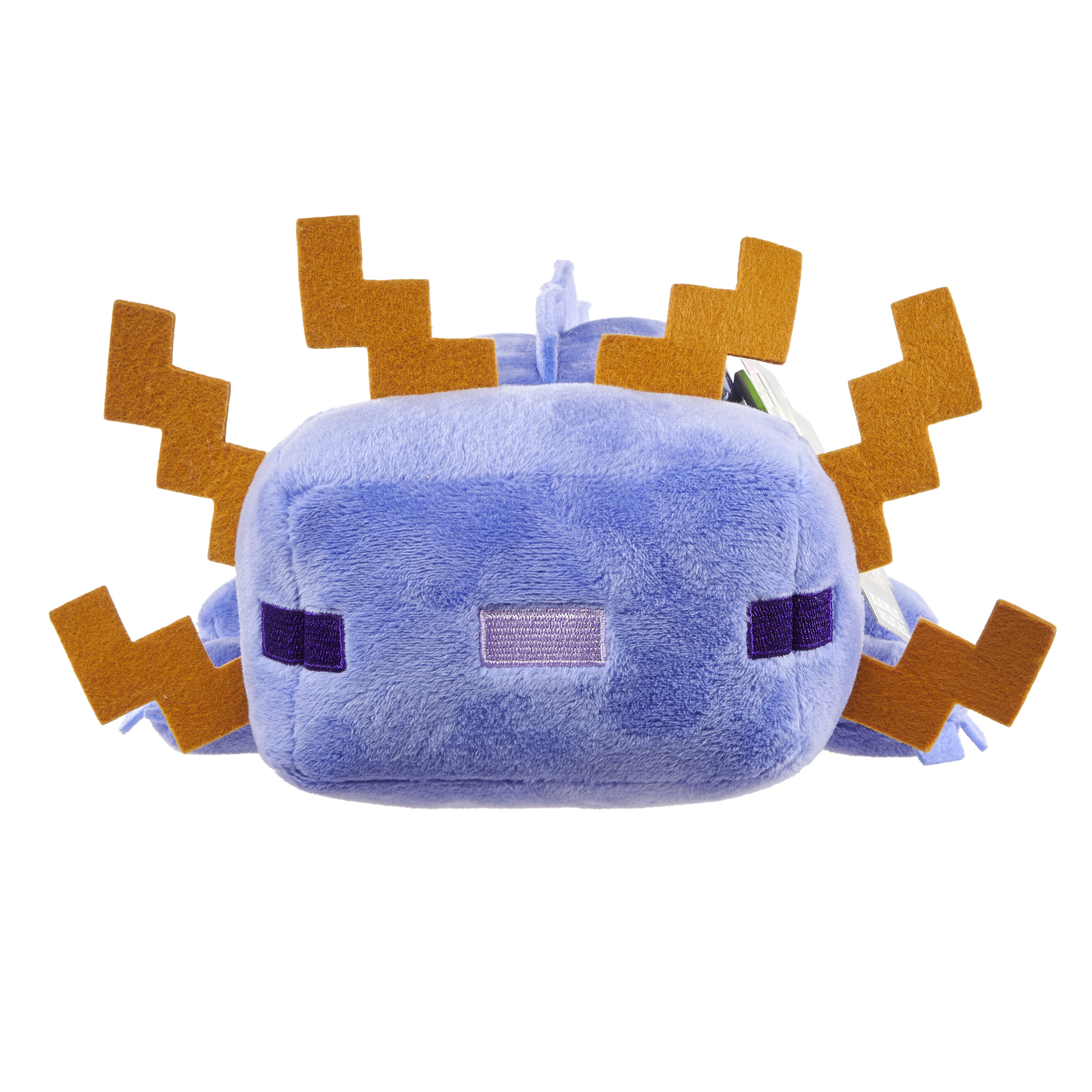 Ein blauer Axolotl-Plüsch mit orangefarbenen Kiemen und lila Augen.