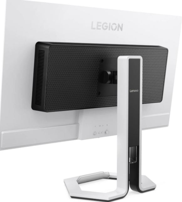 Rückseite eines weißen Monitors mit schwarzem Gittermuster und Lenovo-Logo.