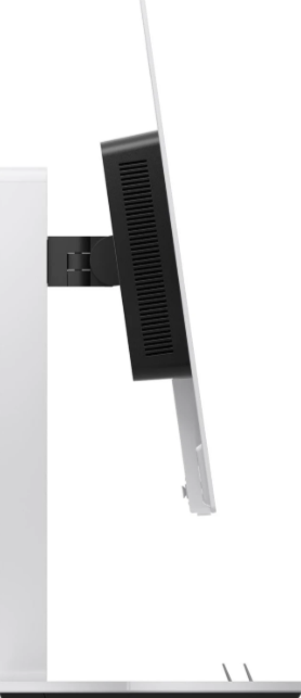 Seitenansicht eines weißen Monitors mit schwarzem Lüftungsgitter auf einem Ständer.