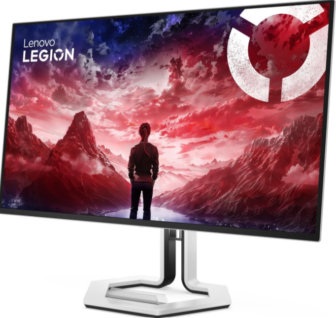 Ein Monitor zeigt eine Person, die auf eine dramatische Berglandschaft blickt.