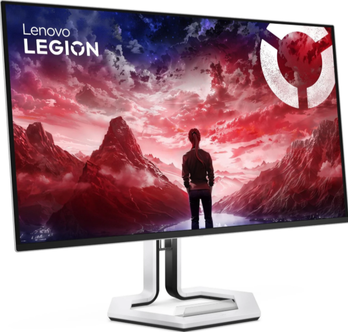 Ein Monitor zeigt eine dystopische Landschaft mit einem Wanderer, Himmel in Rot und Blau.