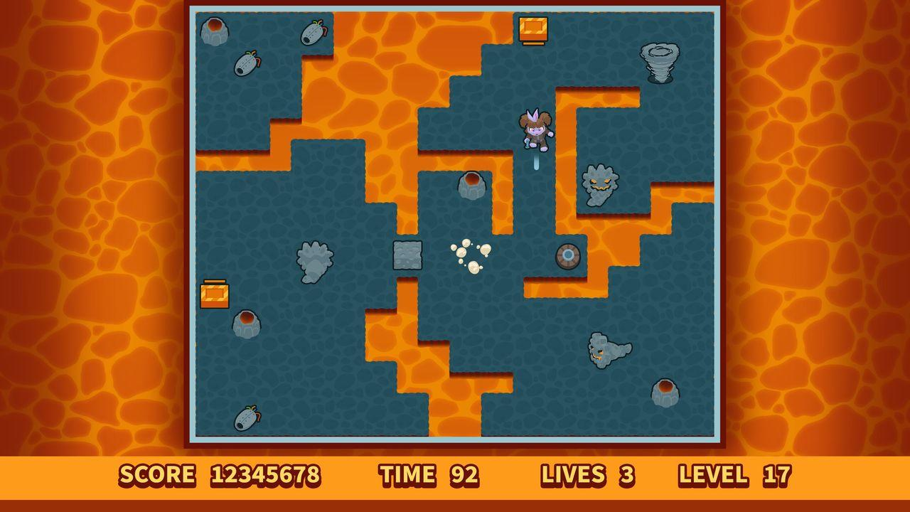 Ein niedlicher Charakter navigiert durch ein Labyrinth aus Lava und dunklen Blöcken.