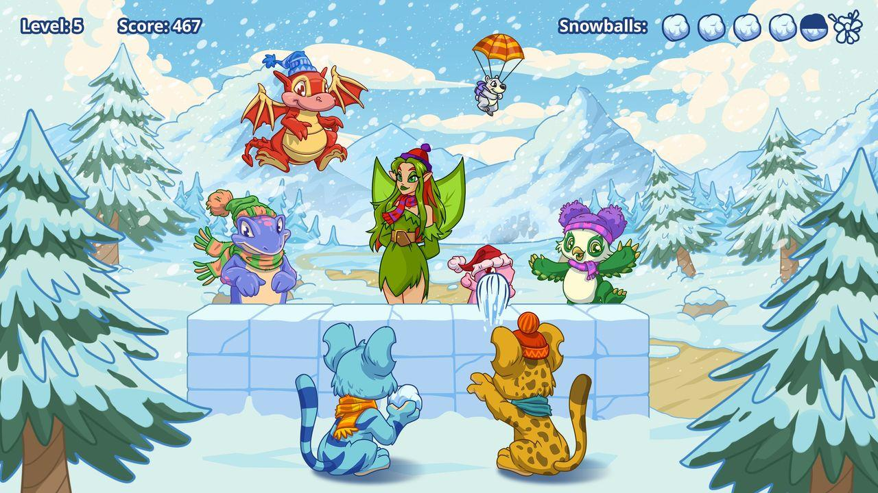 Winterlandschaft mit Cartoon-Tieren, die Schneebälle werfen.