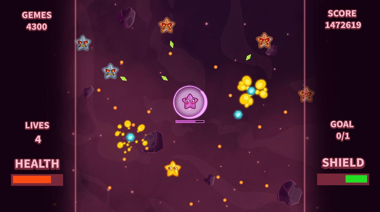 Spiel im Weltraum mit Sternen, Asteroiden und Punkten. Links sind Spielinformationen.