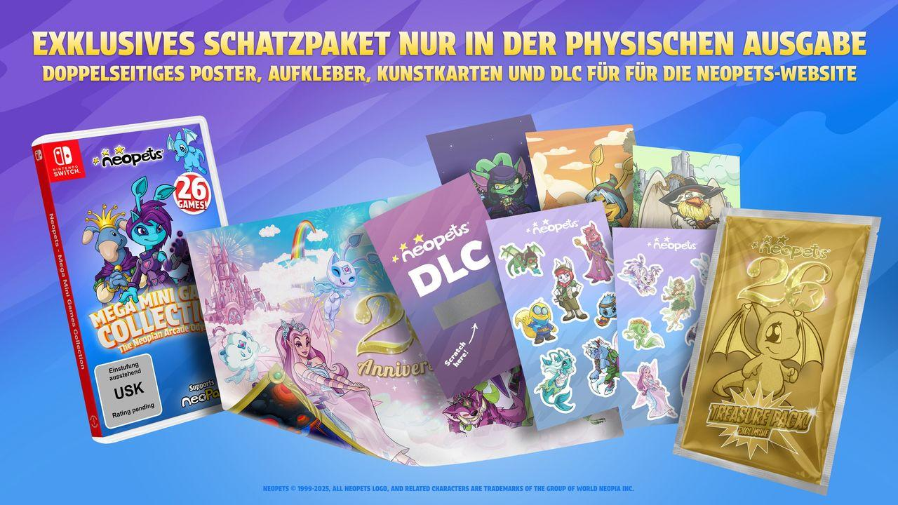 Neopets-Spiel, Poster, Sticker, Karten und DLC im Schatztpaket für die physische Ausgabe.
