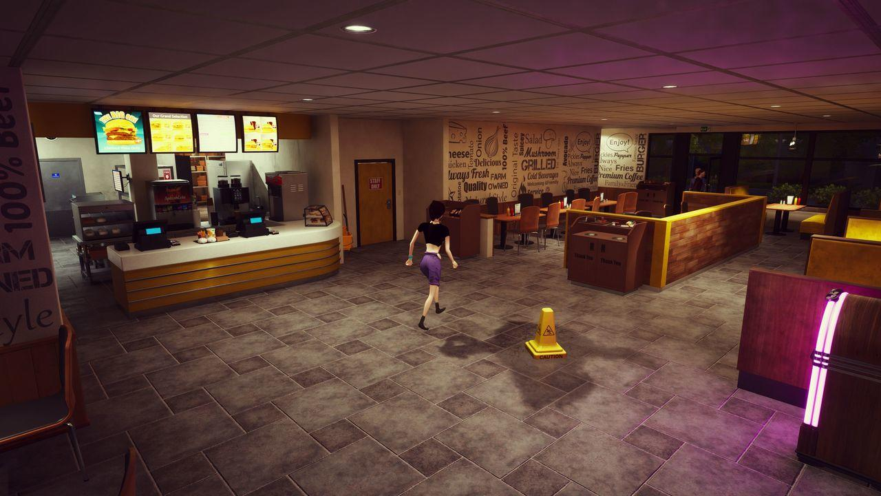 Ein Mädchen in lila Shorts rennt durch ein Fast-Food-Restaurant mit Tischen und einer Theke.