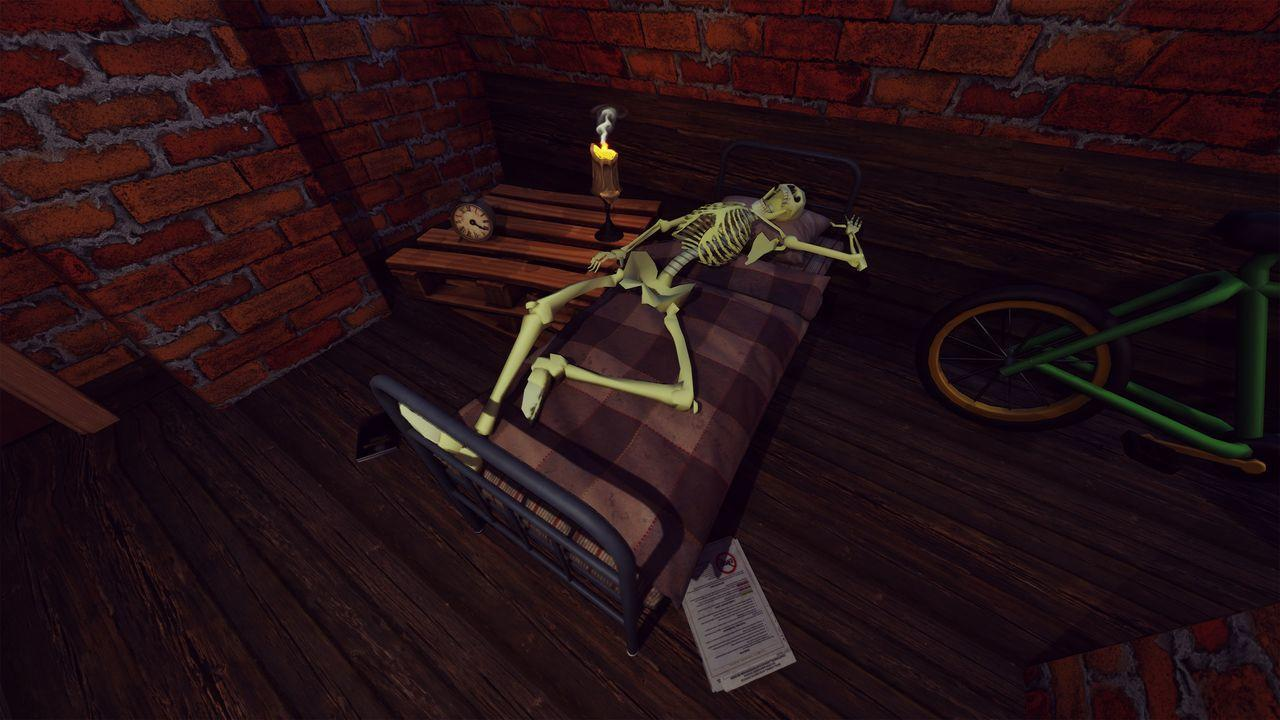 Ein Skelett liegt auf einem Bett mit karierter Decke. Kerze brennt.