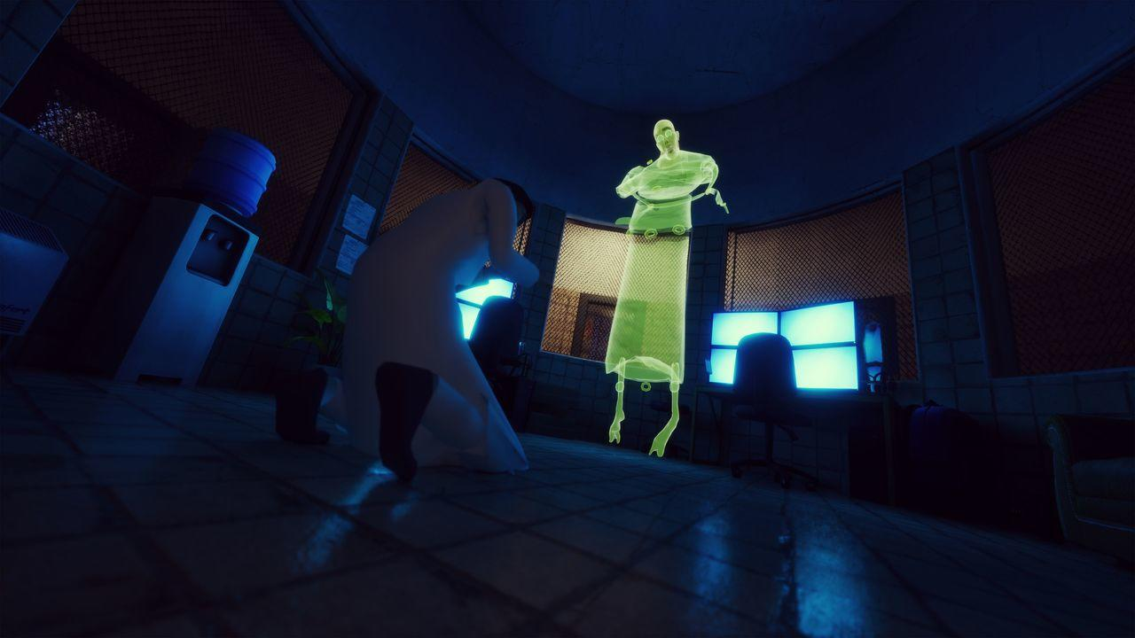 Ein Mann in einem weißen Gewand steht vor einem grünen Hologramm-Mann.
