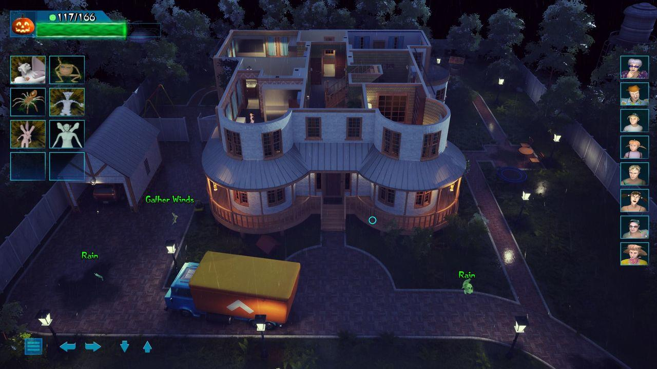 Ein Haus bei Nacht mit einem Lieferwagen und einem Spielplatz. Regen fällt.