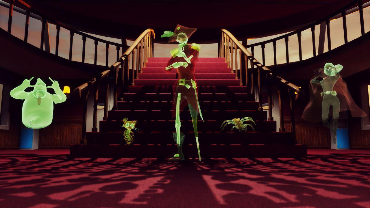 Geister und Kreaturen vor einer Treppe in einem opulenten Raum mit rotem Teppich.