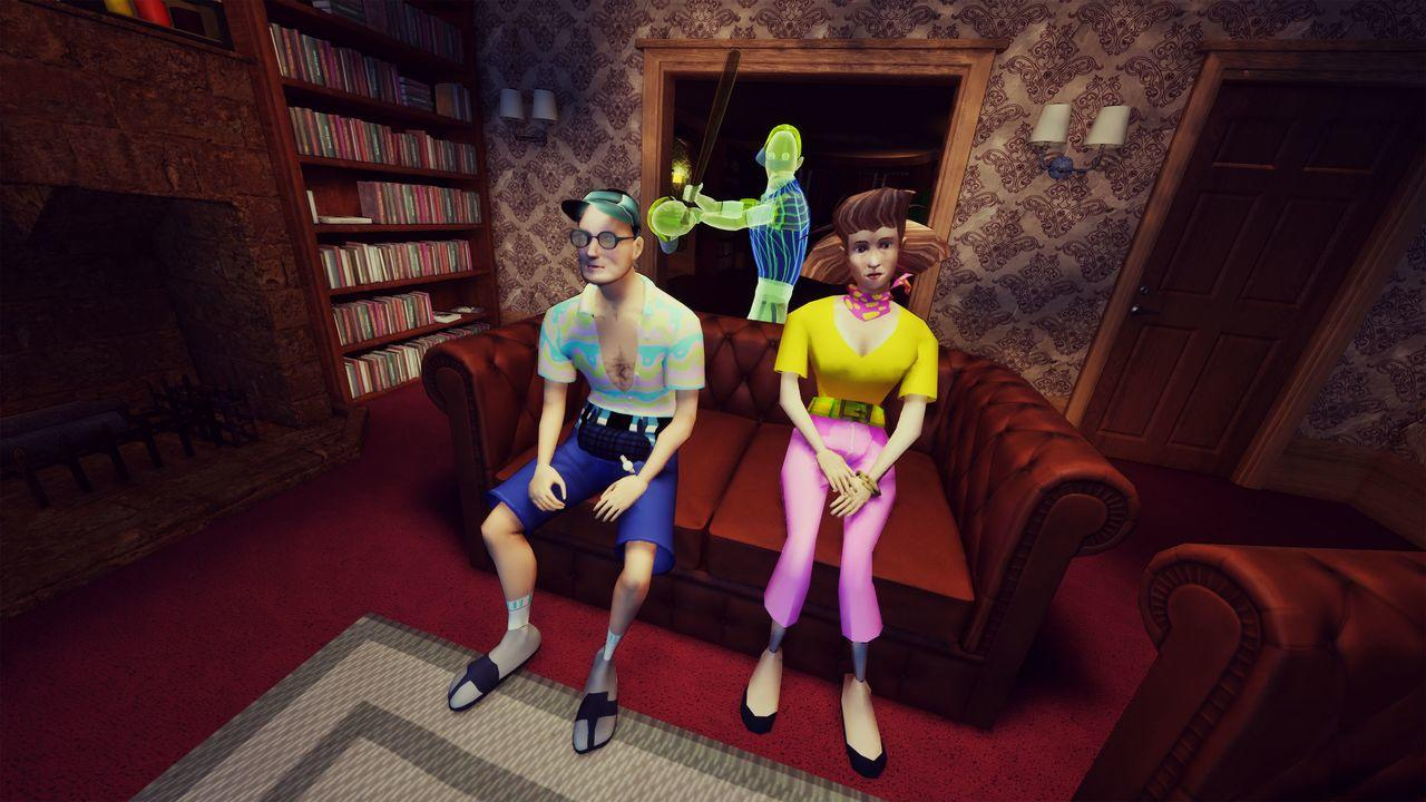 Zwei Comicfiguren sitzen auf einer Couch, eine dritte Figur ist im Hintergrund als Skelett.