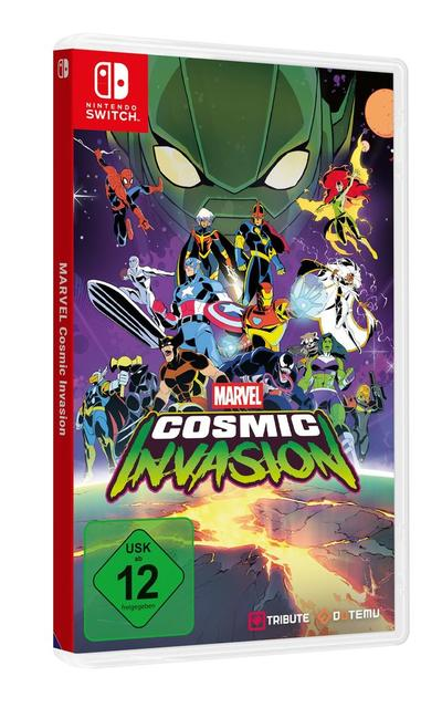 Marvel Cosmic Invasion Nintendo Switch Spielcover mit vielen Helden und einem grünen Schurken.