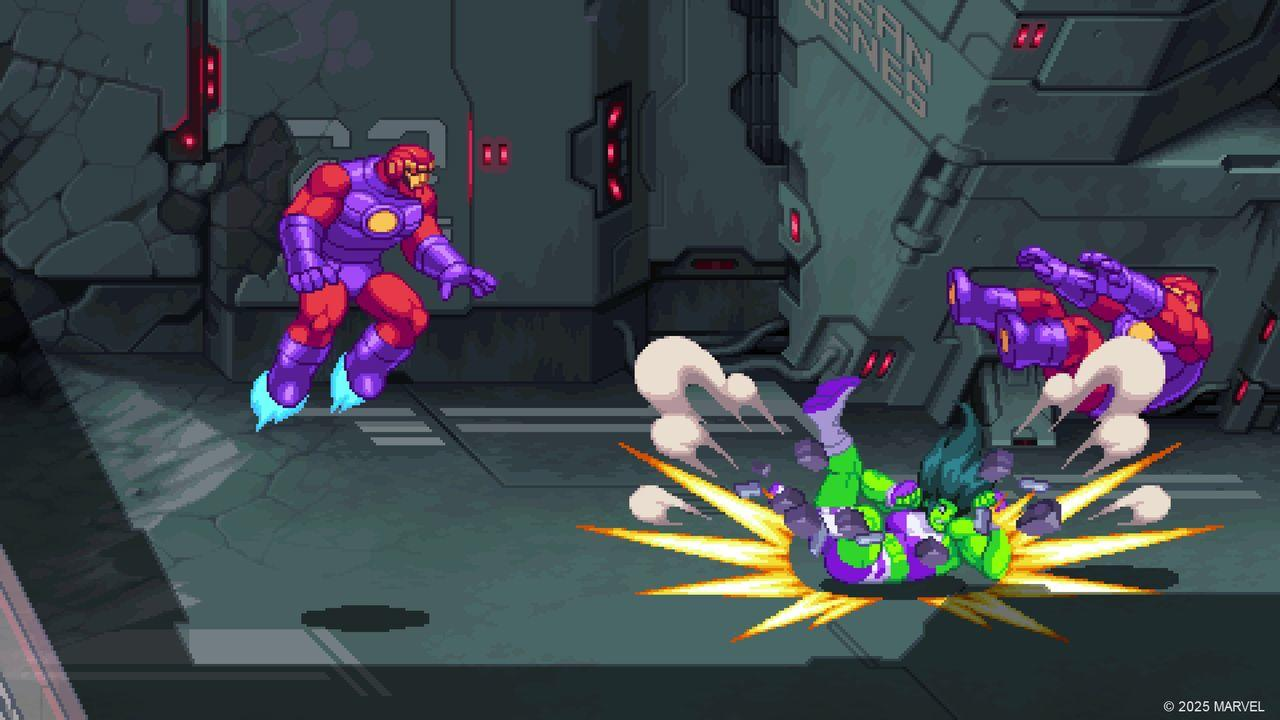 Ein Sentinel kämpft gegen She-Hulk. Sie liegt am Boden, er schwebt.