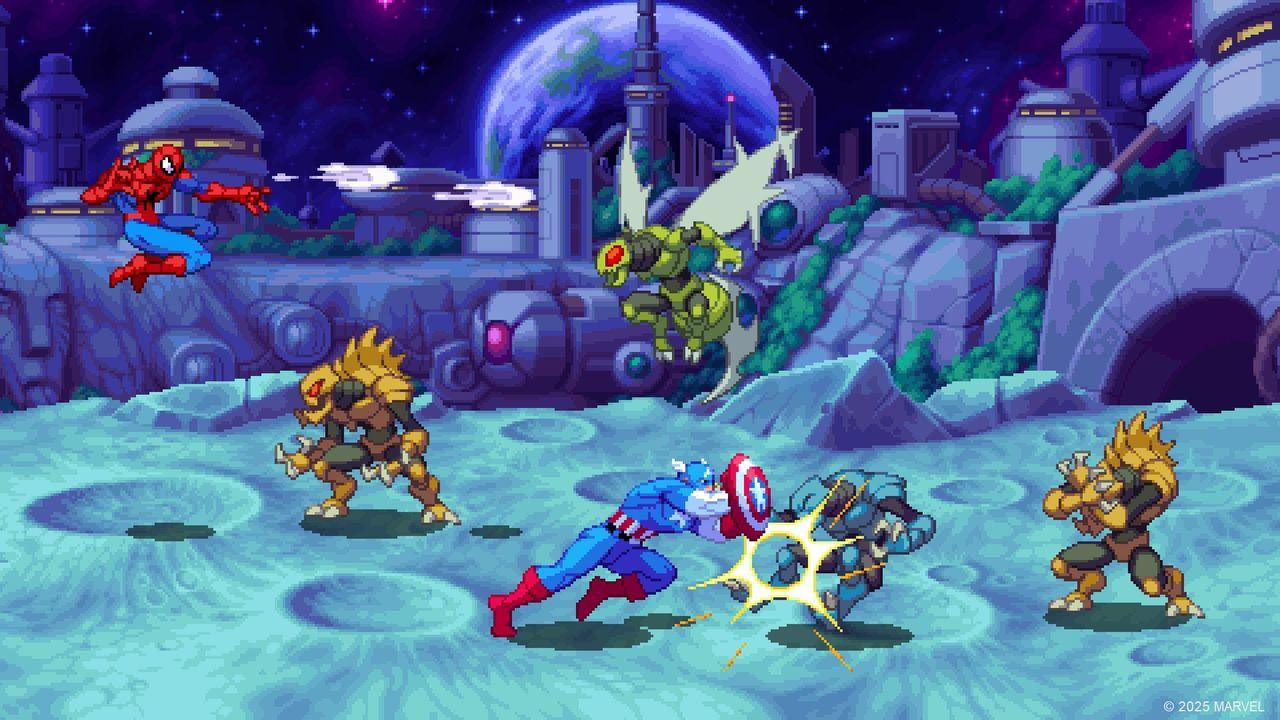 Marvel-Charaktere kämpfen auf Mond mit Planeten-Hintergrund.