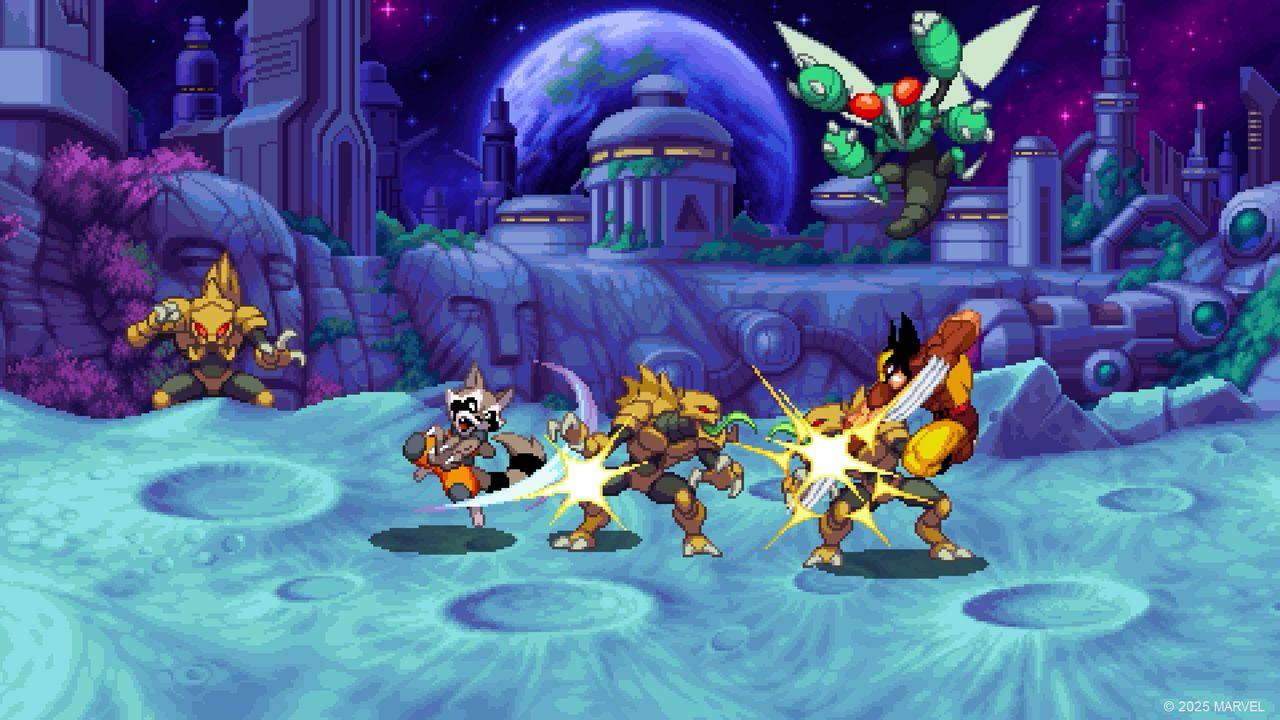 Pixel-Art-Kampf: Wolverine, Rocket Raccoon, Sauron und ein Insekt im Weltraum.