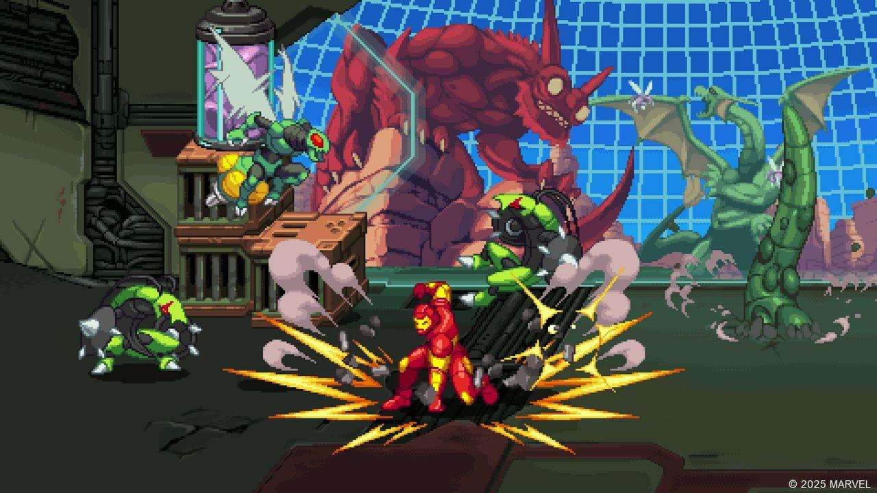 Iron Man kämpft gegen grüne Monster und rote und grüne Drachen in einer pixeligen Arena.