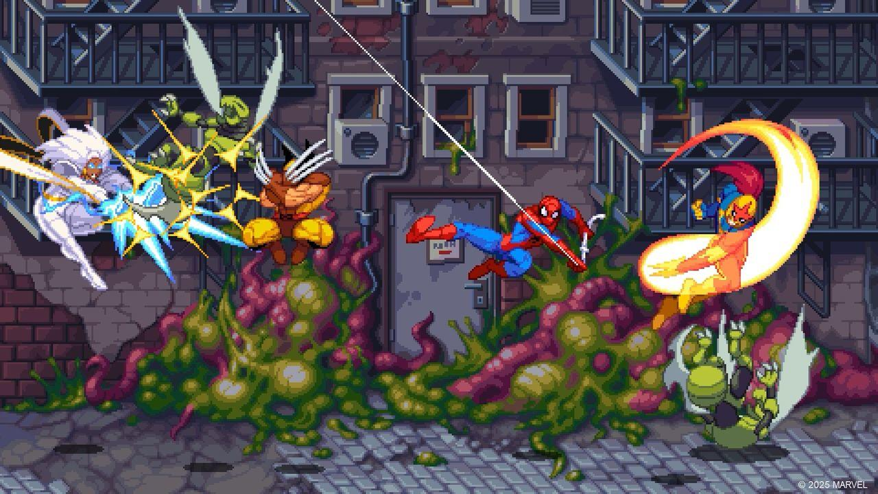 Pixel-Art-Kampf: Storm, Wolverine, Spiderman, Captain Marvel, Venom und andere.