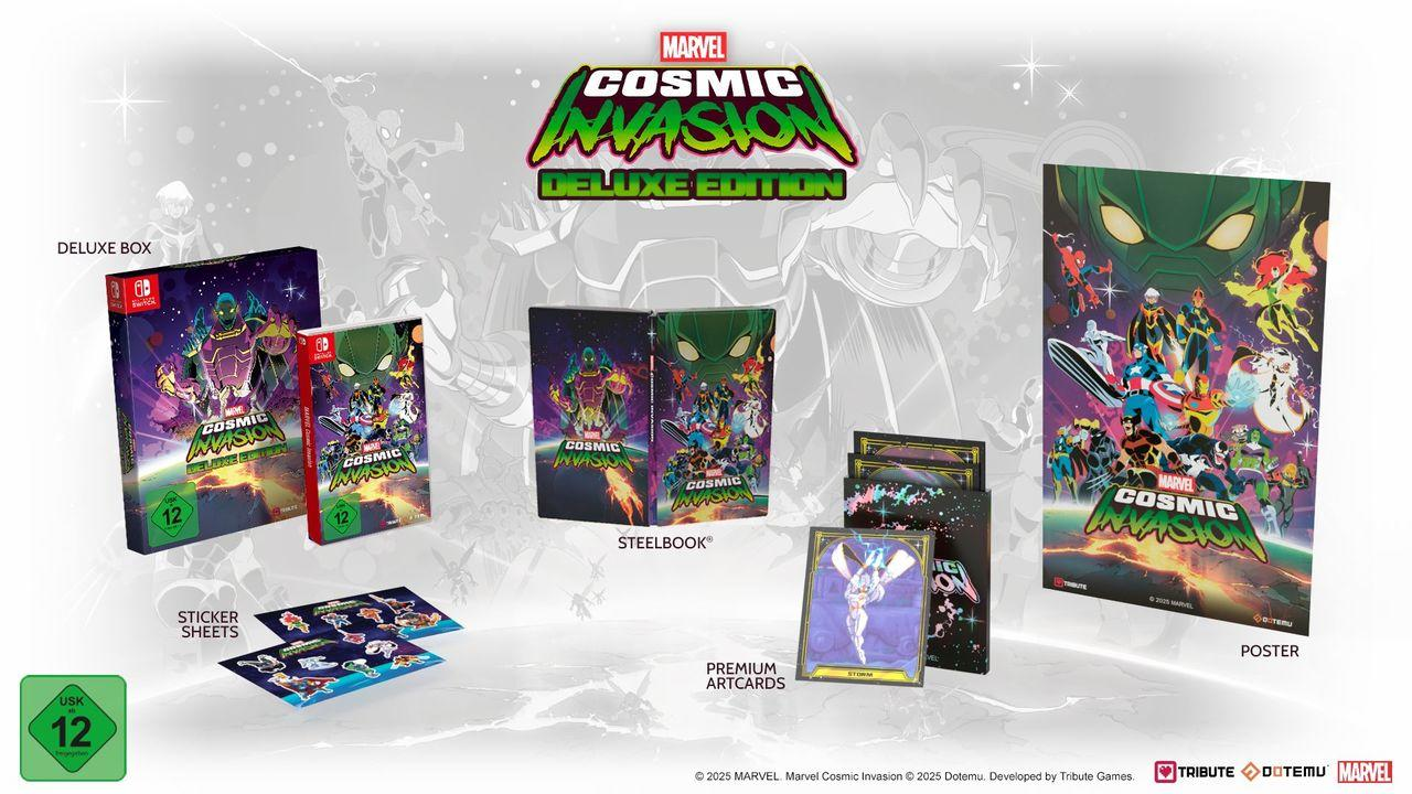Marvel Cosmic Invasion Deluxe Edition mit Spielbox, Steelbook, Stickern, Artcards und Poster.