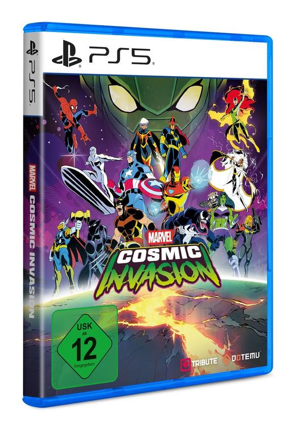 Marvel Cosmic Invasion PS5 Hülle mit Superhelden und USK 12 Siegel.