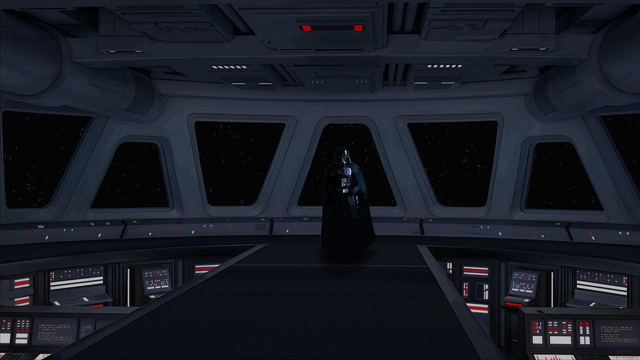 Darth Vader steht in einem dunklen Raumschiff-Cockpit mit Blick auf die Sterne.