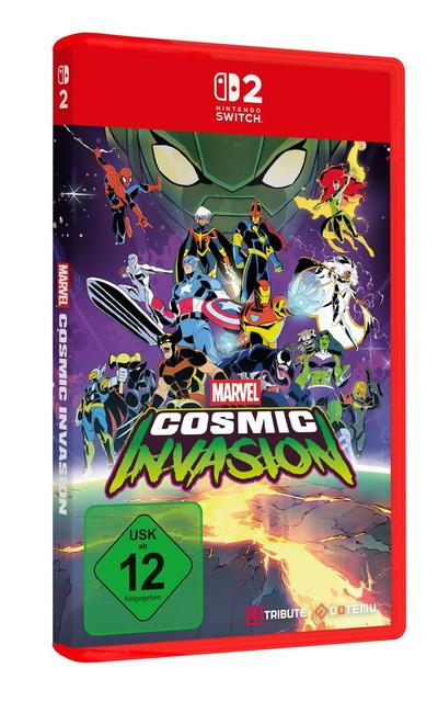 Nintendo Switch Spielcover mit Marvel Helden und dem Titel 'Cosmic Invasion'.