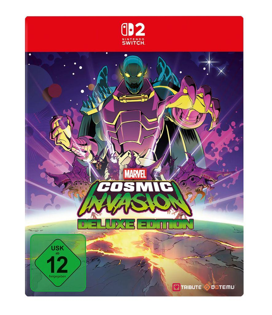 Marvel Cosmic Invasion Deluxe Edition Cover mit einem grünen Alien und Nintendo Switch Logo.
