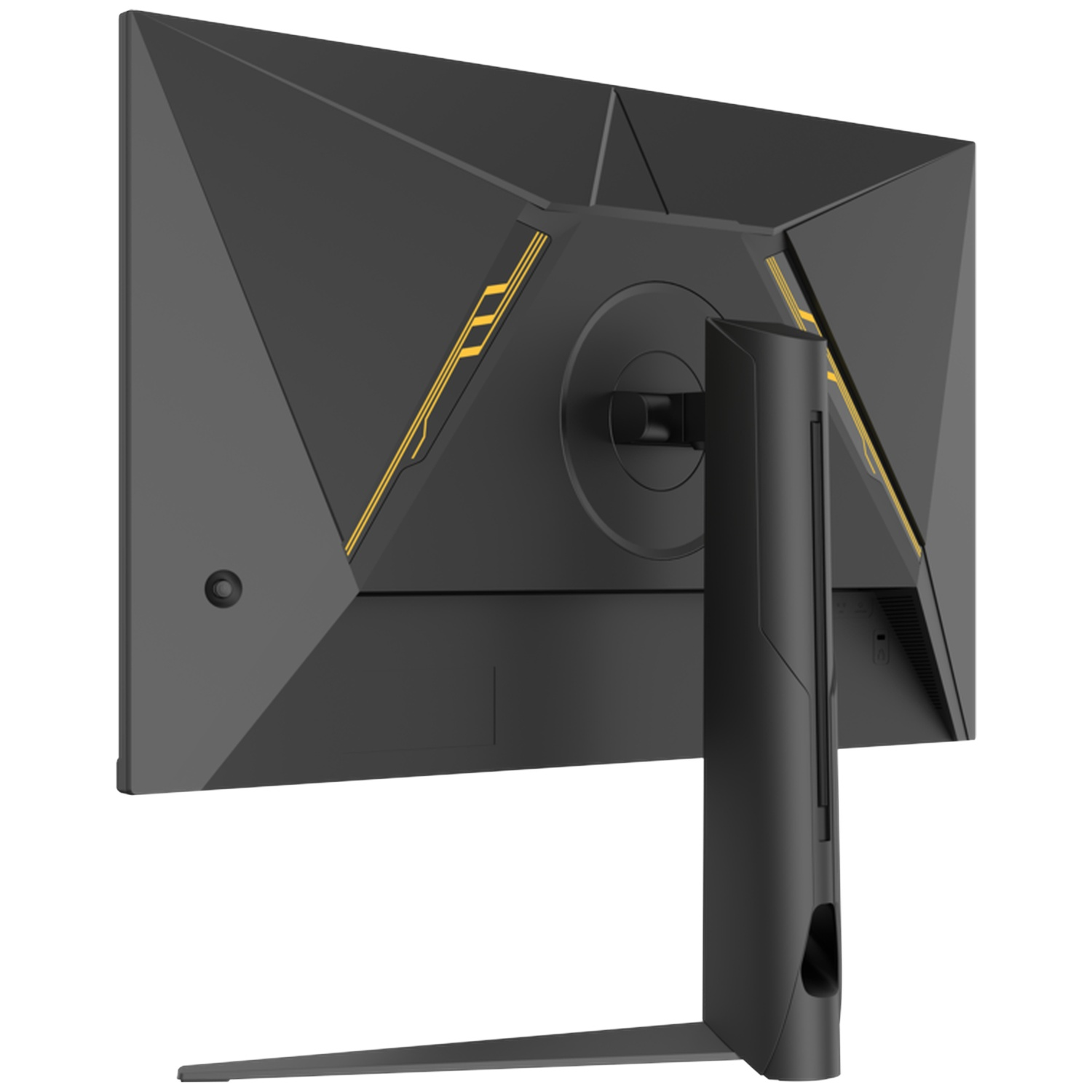 Vue arrière d'un moniteur noir avec des accents jaunes sur un support.