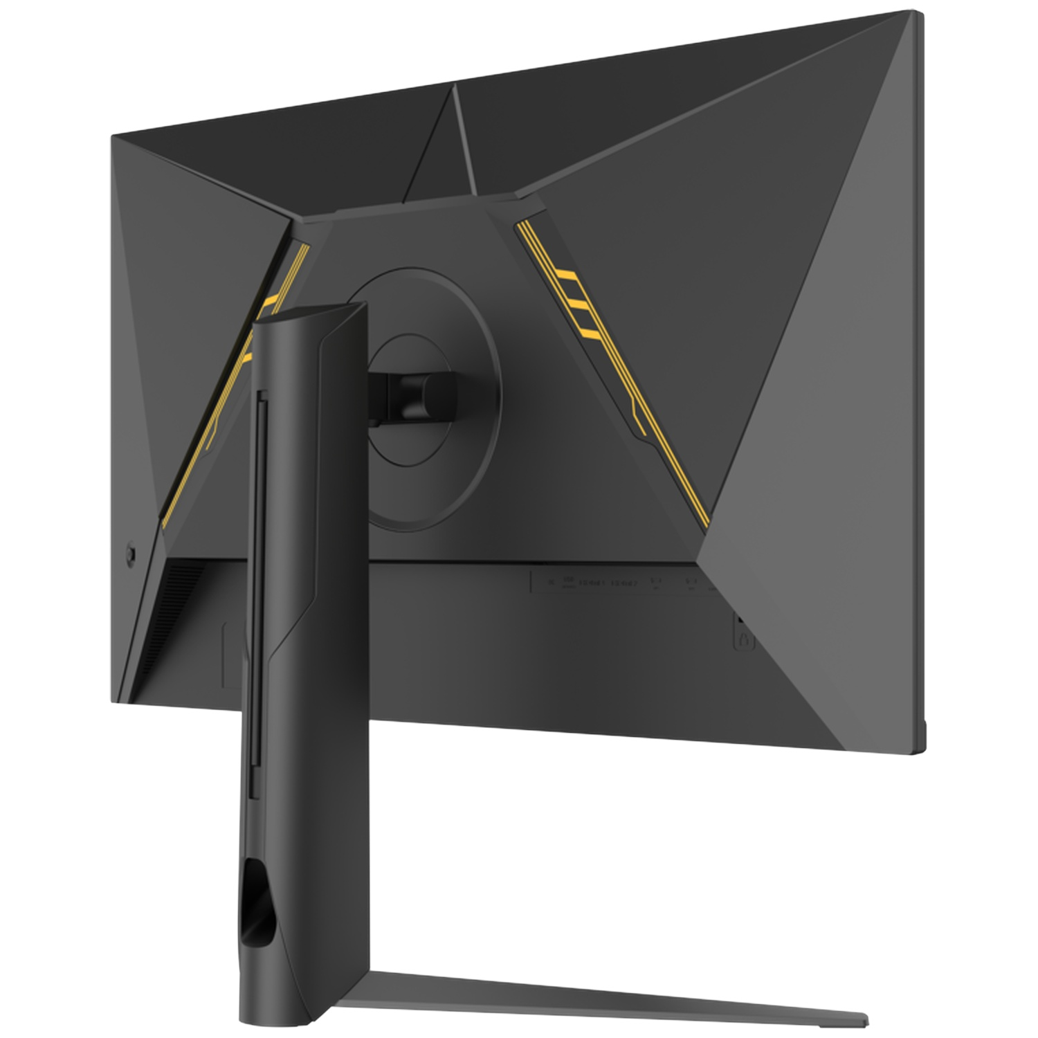 Arrière d'un moniteur noir avec des accents jaunes et un support fin.
