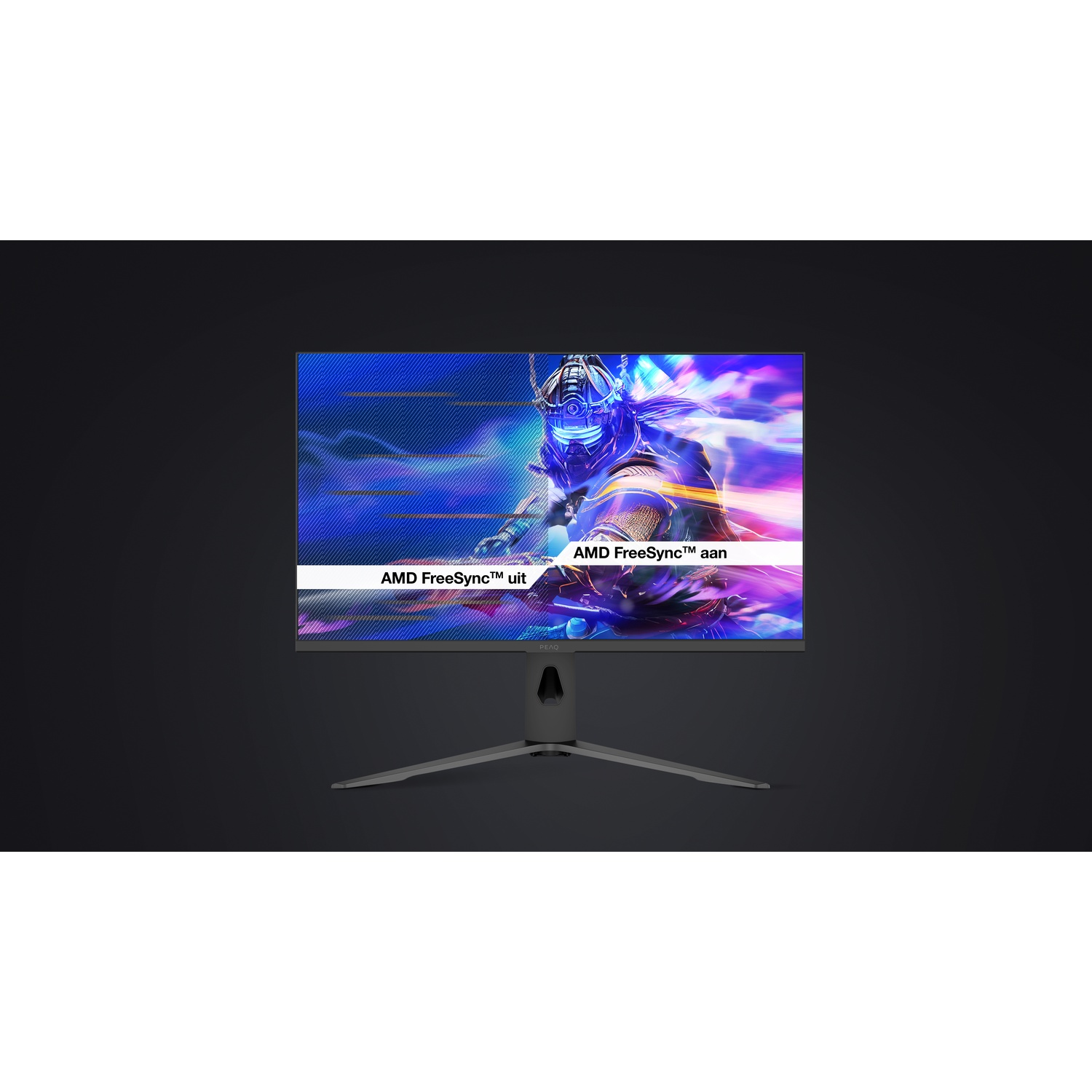 Un moniteur gamer affiche un robot bleu et du texte.