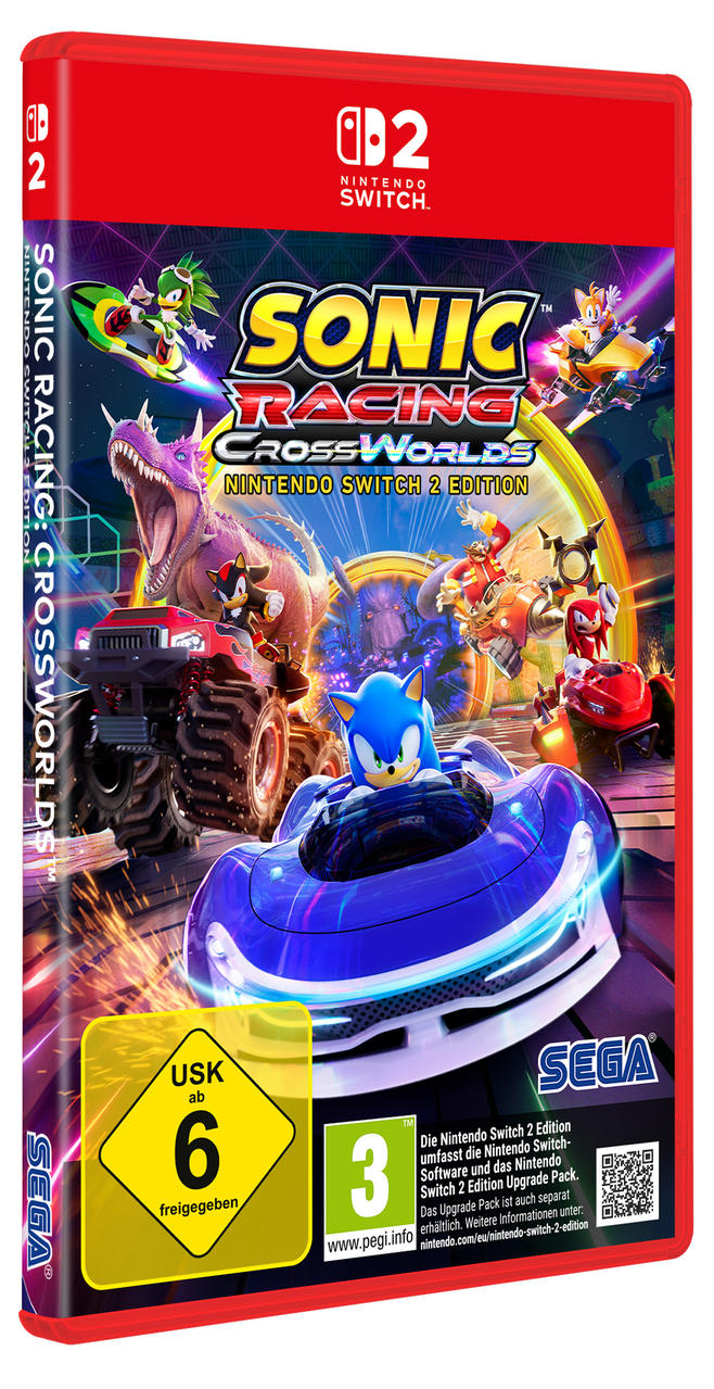 Sonic und Freunde rasen in bunten Fahrzeugen um die Wette, ein Dino im Hintergrund.