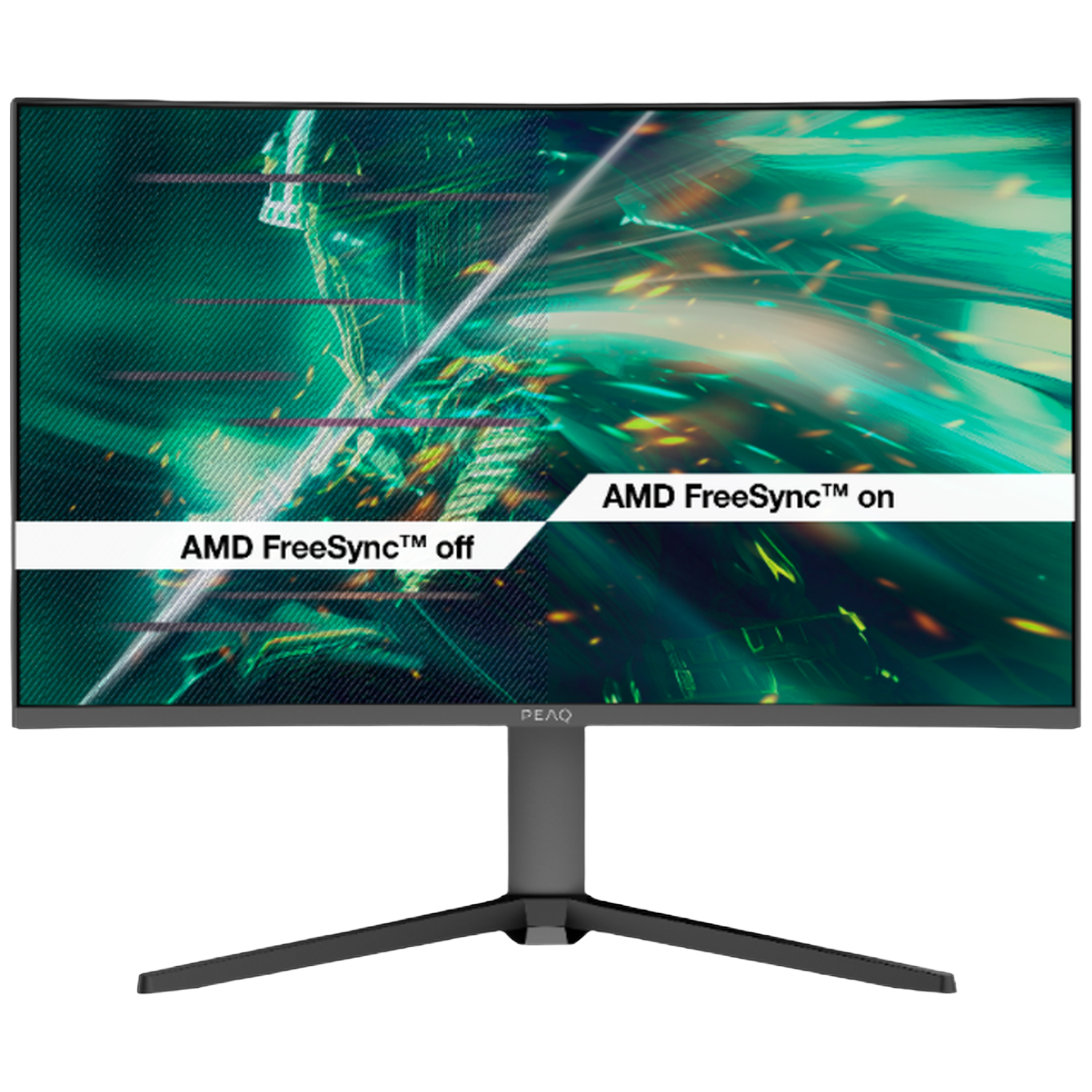 Een monitor toont AMD FreeSync™ uit en aan. Groene en gele patronen.