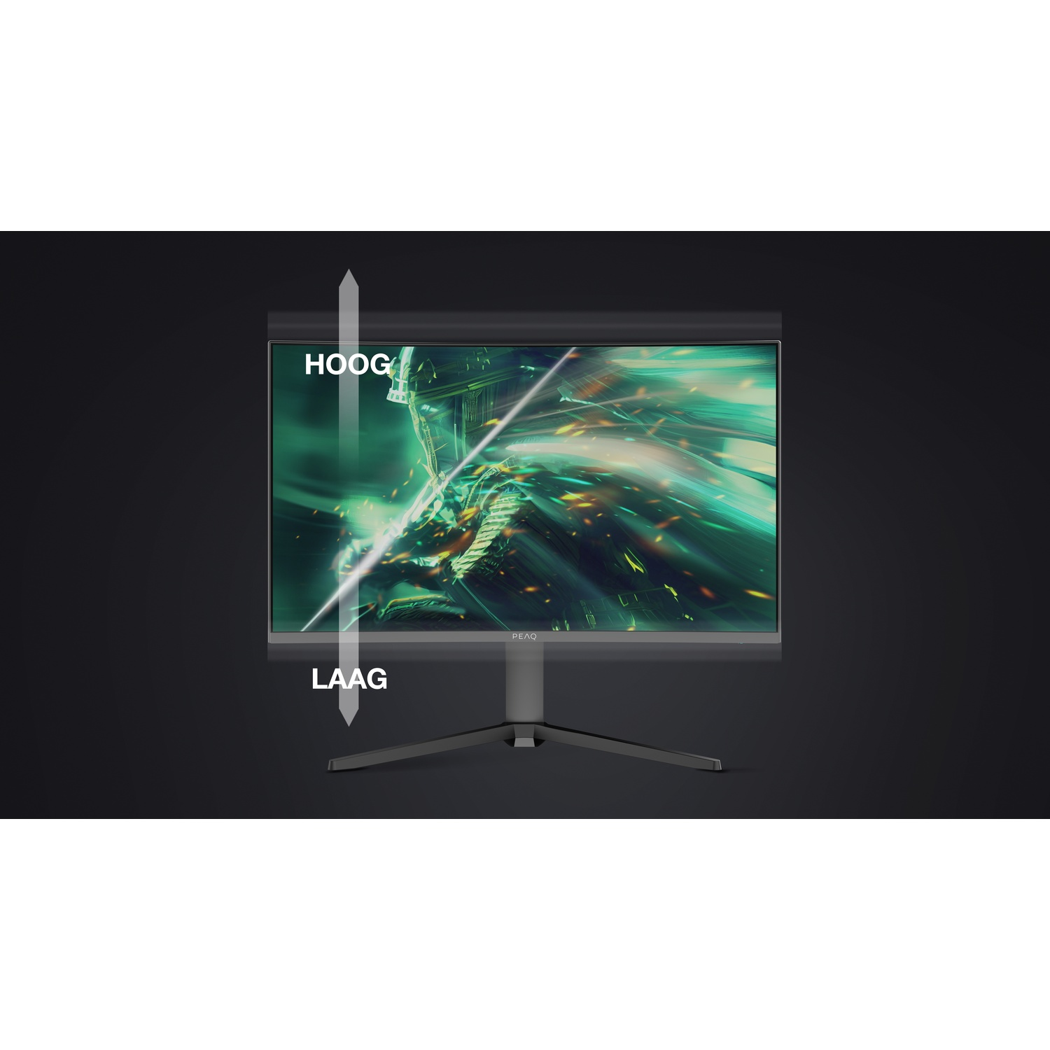 Een gebogen monitor toont een groen, actievol beeld met de woorden HOOG en LAAG.