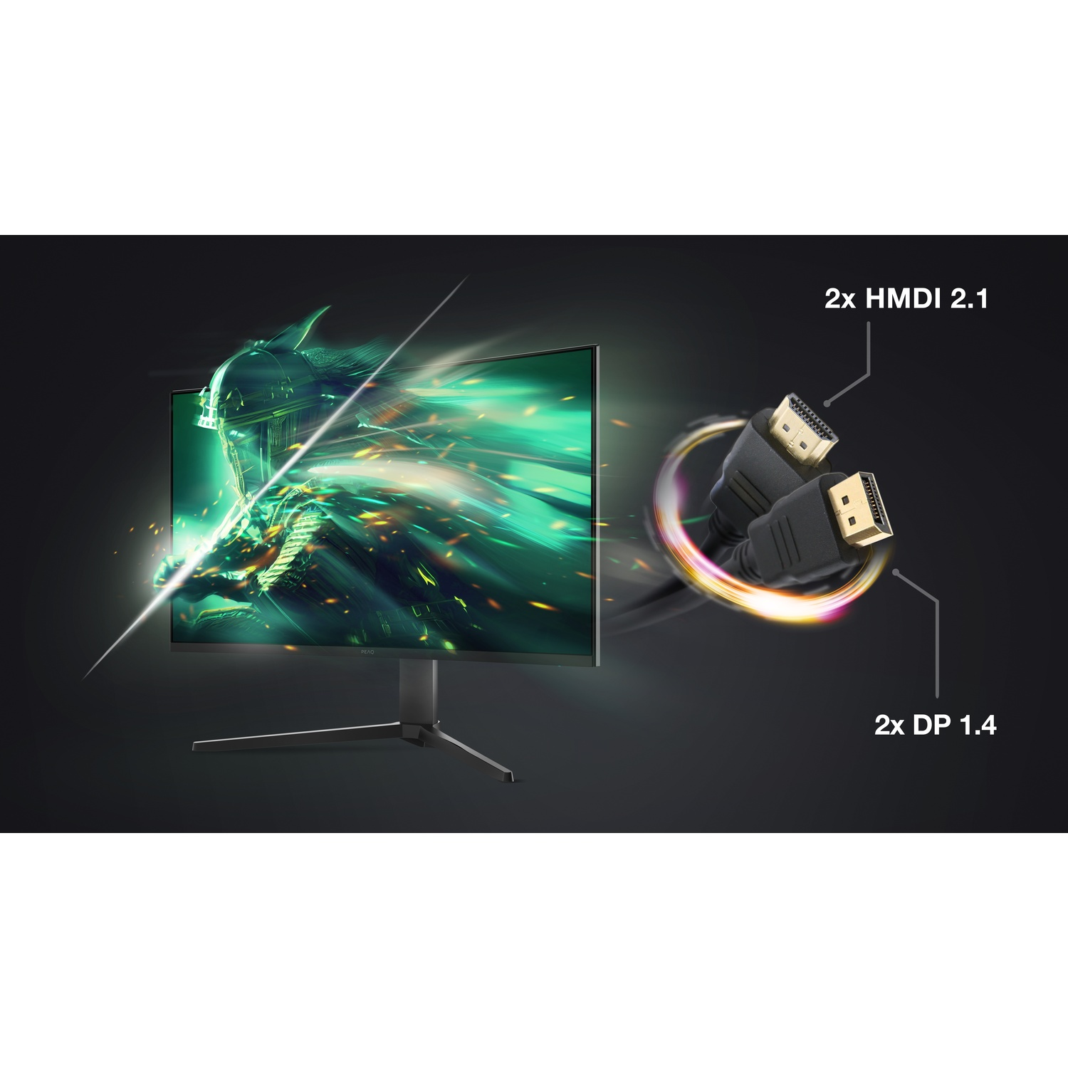Een gaming monitor toont een groene fantasy-scène. Ernaast worden kabels met HDMI- en DP-connectoren getoond.