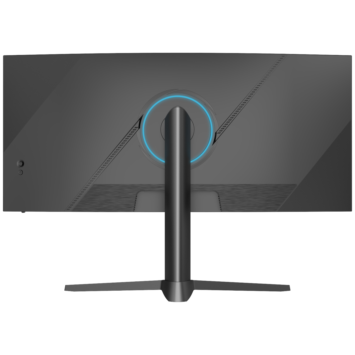 Arrière d'un moniteur noir avec un anneau lumineux bleu et un support.
