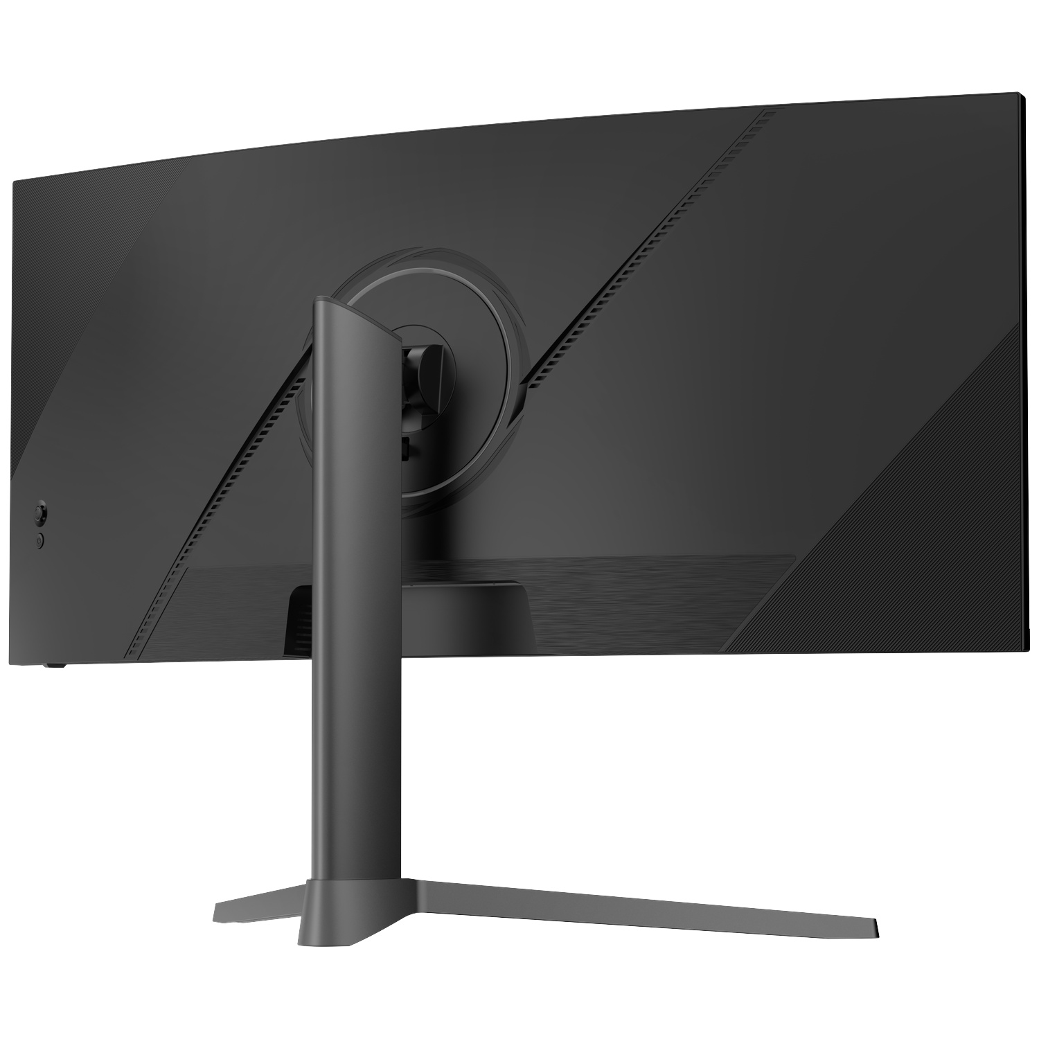 Arrière d'un moniteur incurvé noir avec support sur fond blanc.