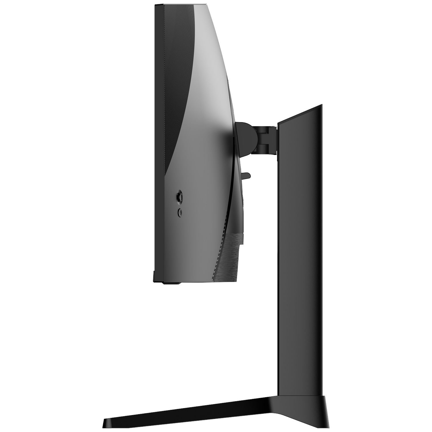 Vue de côté d'un moniteur noir avec pied fin et bras réglable.