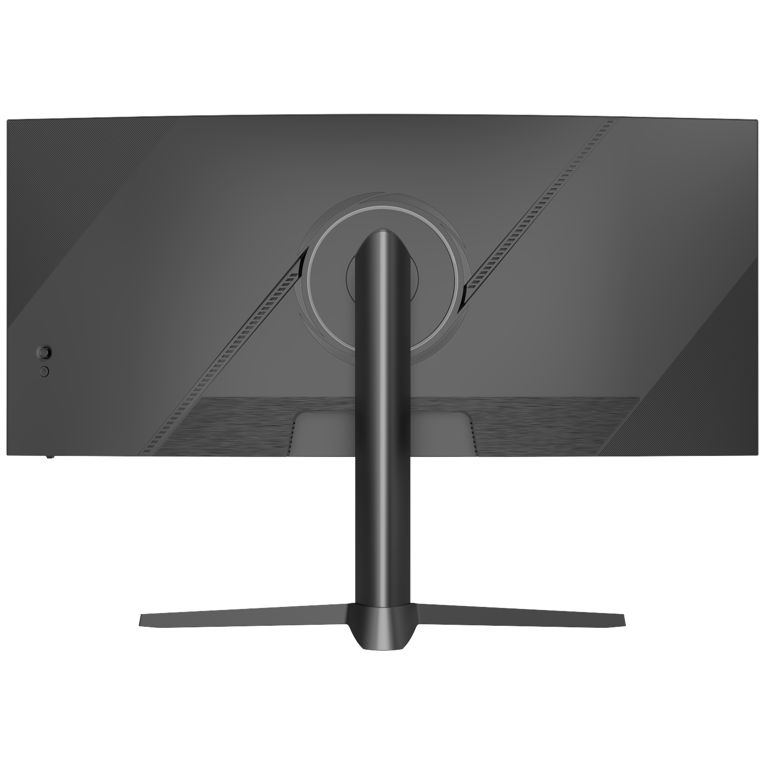 Arrière d'un moniteur noir large avec un support central et une base en Y.