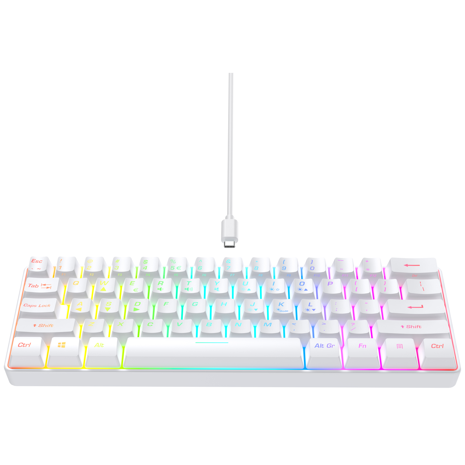 Een wit mechanisch toetsenbord met RGB-verlichting en een USB-C-kabel.