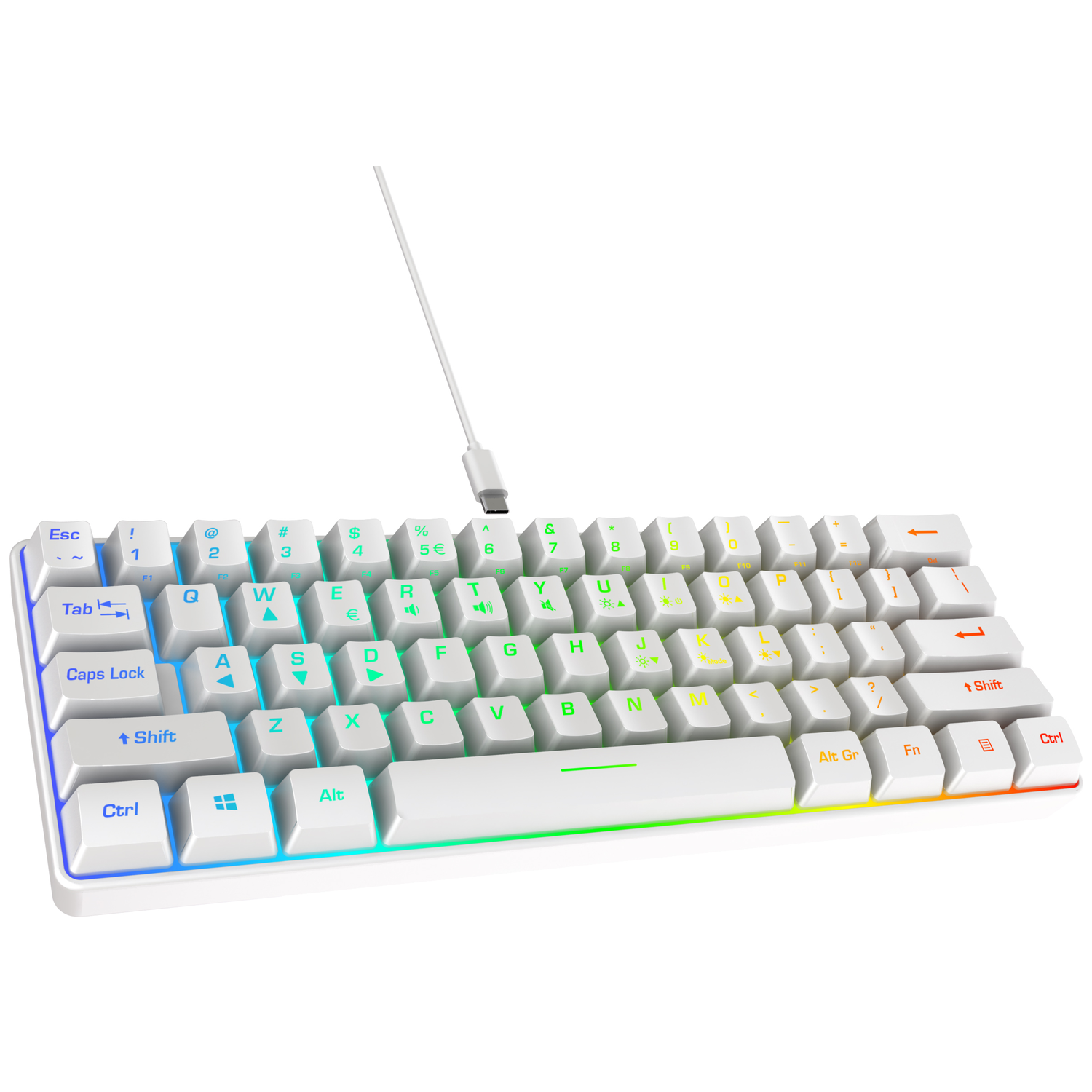 Een wit compact toetsenbord met RGB-verlichting langs de onderrand en een witte USB-C-kabel.