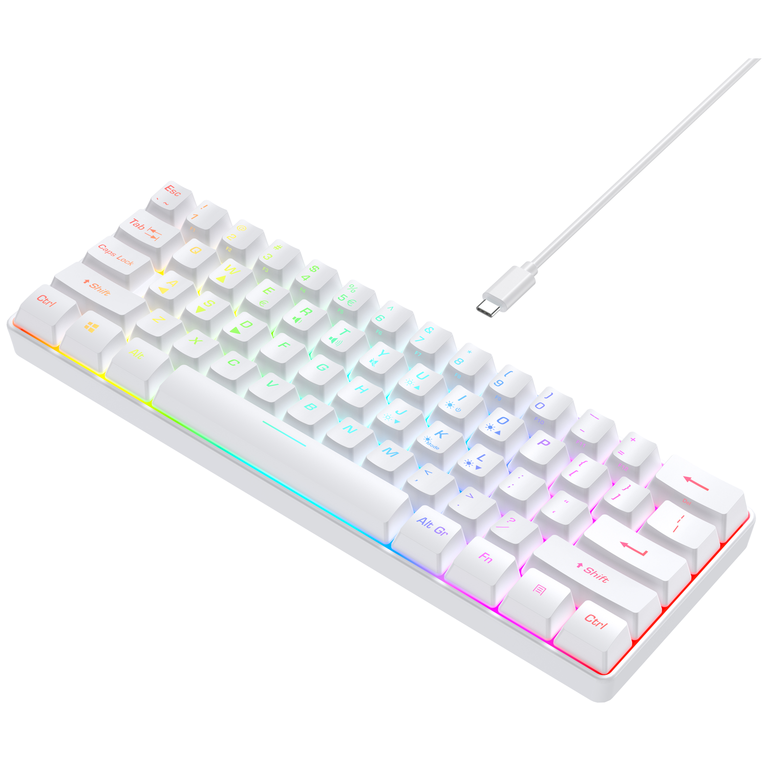 Een wit mechanisch toetsenbord met RGB-verlichting en USB-C-kabel.