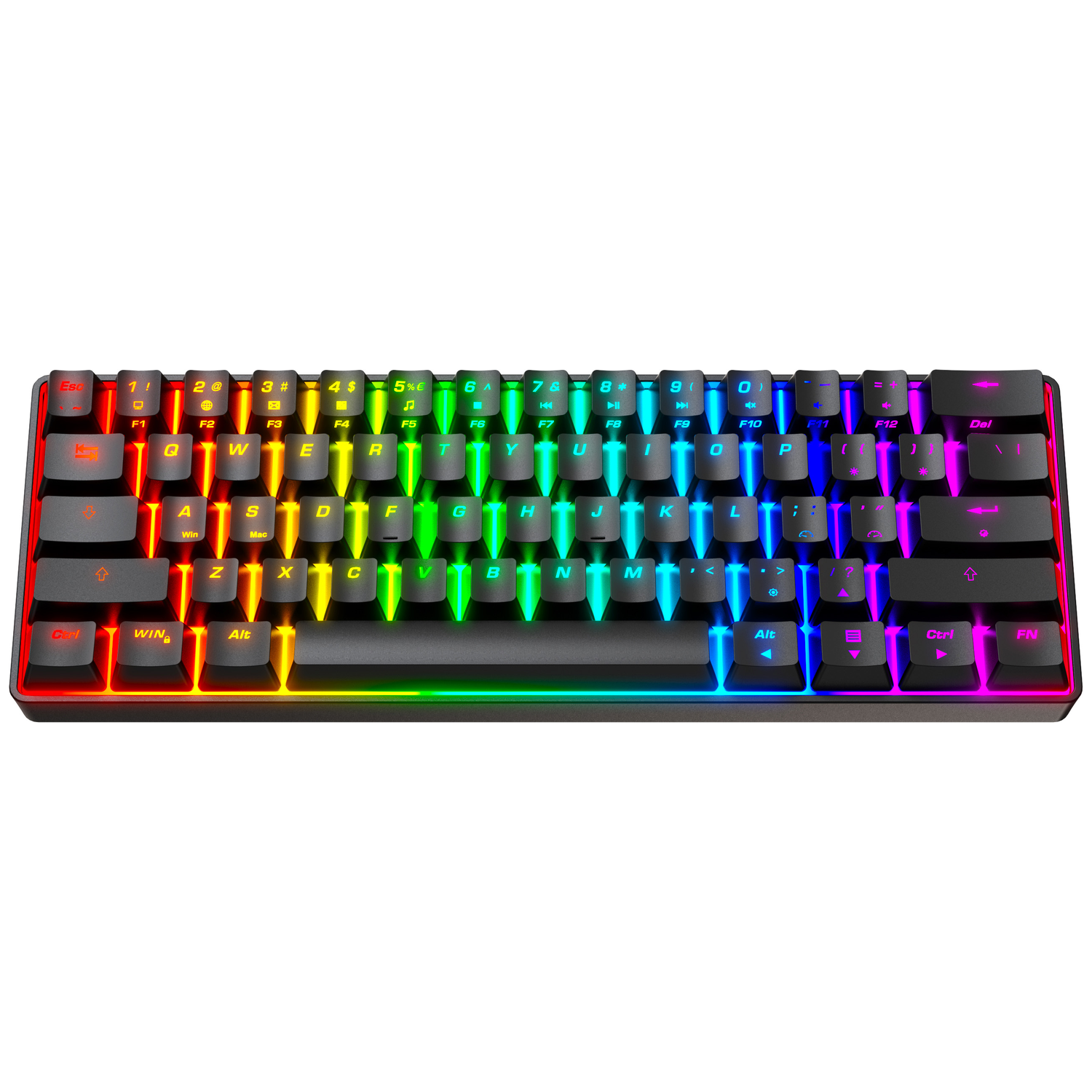 Een compact toetsenbord met RGB-verlichting, de toetsen zijn van links naar rechts in regenboogkleuren verlicht.